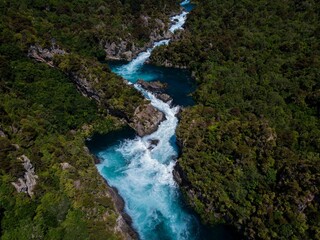 Aerial panorama of water flooded canyon Waikato river rapids at Aratiatia Dam near Lake Taupo North Island New Zealand
