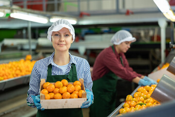 Portrait of smiling woman professional sorter standing with box of selected tangerines at fruit processing factory © JackF