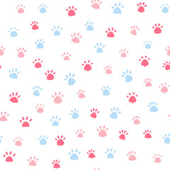 Cat paw print vector illustration. Dog, different black animal footprints on a white background. Seamless pattern of animal paws. Blue red and soft pink