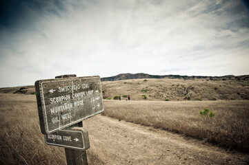Signs for hikers on Santa Cruz Island in the Channel Islands off Santa Barbara, CA.