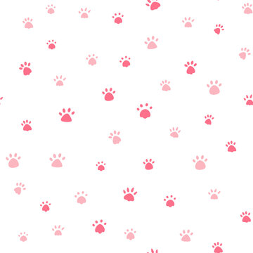 Cat paw print vector illustration. Dog, different black animal footprints on a white background. Seamless pattern of animal paws. Gently single color and tints