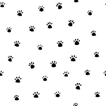 Cat paw print vector illustration. Dog, different black animal footprints on a white background. Seamless pattern of animal paws. Black color on white background