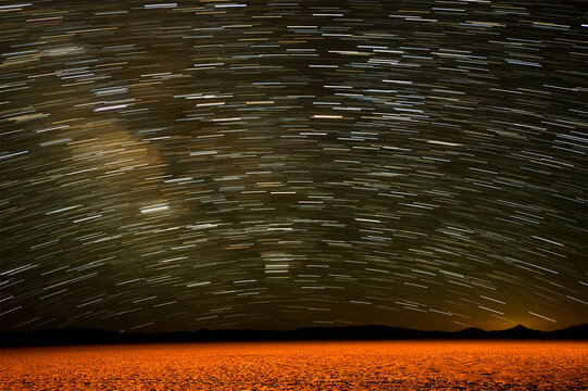 Star streaks across a dark sky. Black Rock Desert. Nevada. USA.