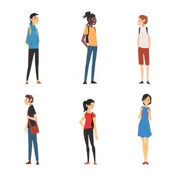Diverse International College or University Students with Backpacks Vector Set