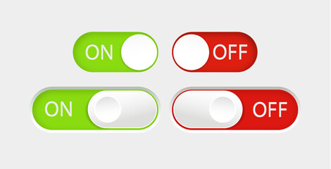On and Off slider buttons. Red and green switch interface buttons. Vector