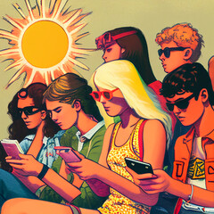 Generative AI: Group of teens hanging out in the sun looking at their phones