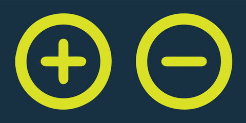 Round green icon of plus and minus symbol on dark blue background. Basic mathematical symbol. Business finance concept in vector.