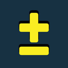 Fototapeta premium Yellow icon of plus and minus symbol on dark blue background. Basic mathematical symbol. Business finance concept in vector.