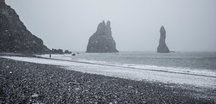 Sea stacks near beach in winter, Vik i Myrdal, Iceland