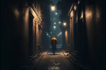 silhouette of a pensive man walking in a dark alley