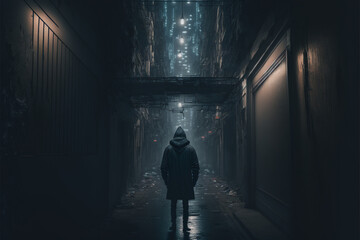 silhouette of a pensive man walking in a dark alley