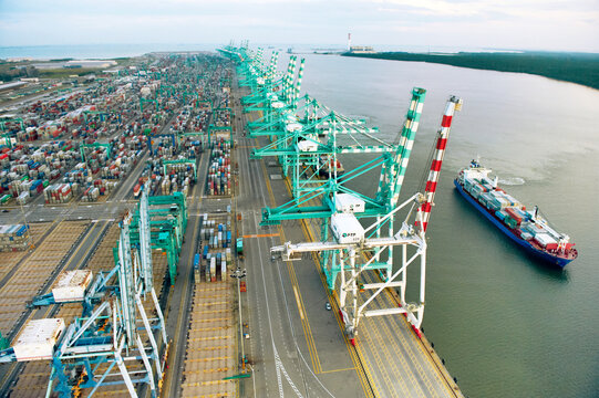 A container terminal shipping port in Johor, Malaysia.