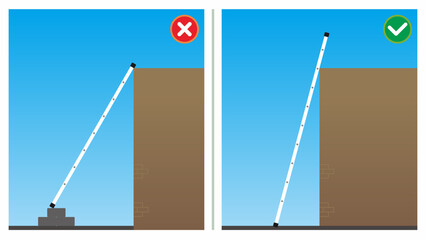 Safety do's and dont's vector illustration. Unsafe work condition and act. Straight ladder usage for access.