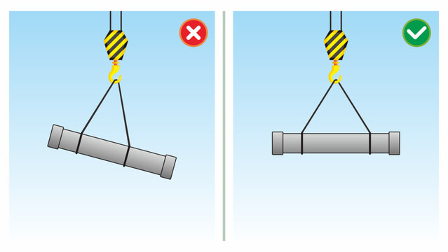 Workplace safety do's and dont's vector illustration. Unsafe work condition and act. Wrong center of gravity point for lifting material using crane. Drop object hazard in industry, construction site.