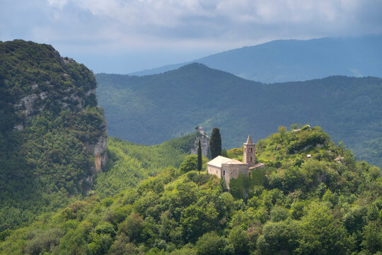 Church in forest on hill, Orco, Finale Ligure, Liguria, Italy