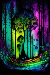 Watercolor Art, Ink Drop Art, Abstract art, Ai Art, Multicolor, Trees, Forest, Wall art, Purple, Pastel, Landscape, wall art, 