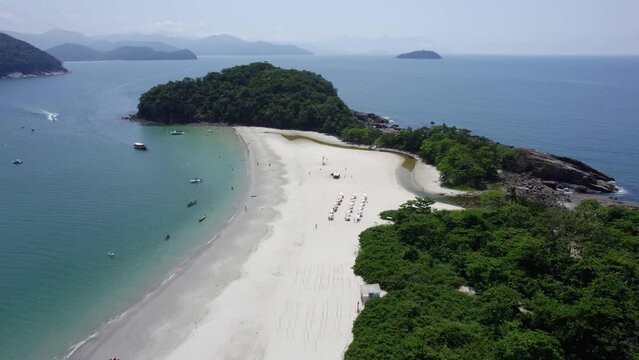 Aerial overview of a exotic beach in sunny As Ilhas Escape Of Islands, Brazil
