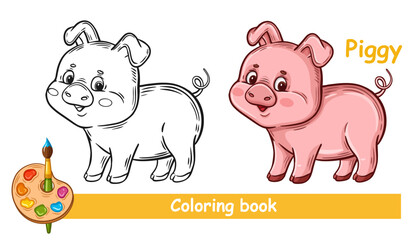 Cute piggy, little pig farm animal children coloring book page. Funny baby piglet. Rural swine cartoon character. Kid preschool logic education game. Outline colouring worksheet. Color picture. Vector