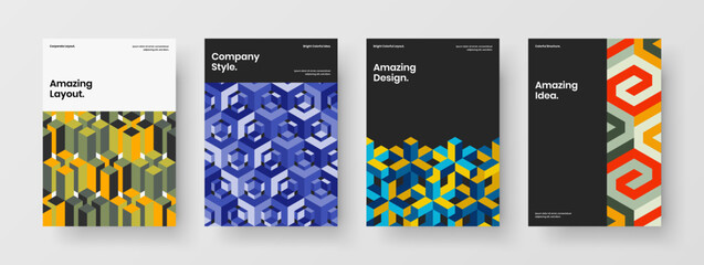 Minimalistic geometric hexagons annual report concept collection. Multicolored book cover A4 design vector layout bundle.