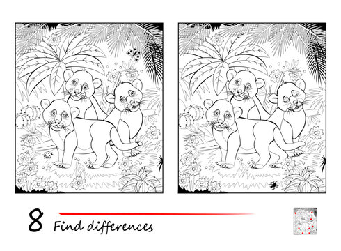 Find 8 differences. Black and white illustration of cute lion cubs in jungle. Logic puzzle game for children and adults. Page for kids brain teaser book. Developing counting skills. Vector drawing.