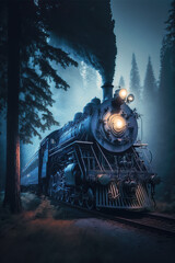 Fototapeta na wymiar Illustration of a beautiful steam locomotive with traditional wagons in a winter landscape with snow and many trees inside the forest. Generative AI