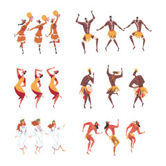 People Performing Ritual Dance Wearing Traditional Ethnic Costumes Vector Set