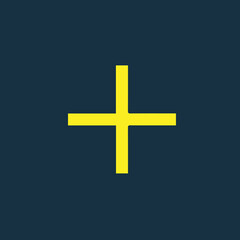 Yellow icon of a plus symbol on dark blue background. Basic mathematical symbol. Calculator button icon. Business finance concept in vector.