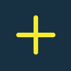 Yellow icon of a plus symbol on dark blue background. Basic mathematical symbol. Calculator button icon. Business finance concept in vector.