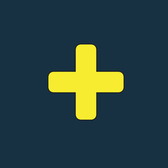 Fototapeta premium Yellow icon of a plus symbol on dark blue background. Basic mathematical symbol. Calculator button icon. Business finance concept in vector.