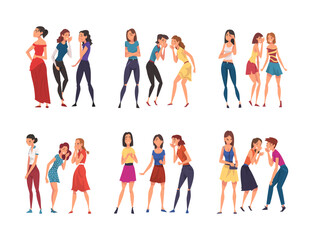 Obraz premium Young Female Gossiping and Spreading Rumors Whispering Behind Back Vector Set