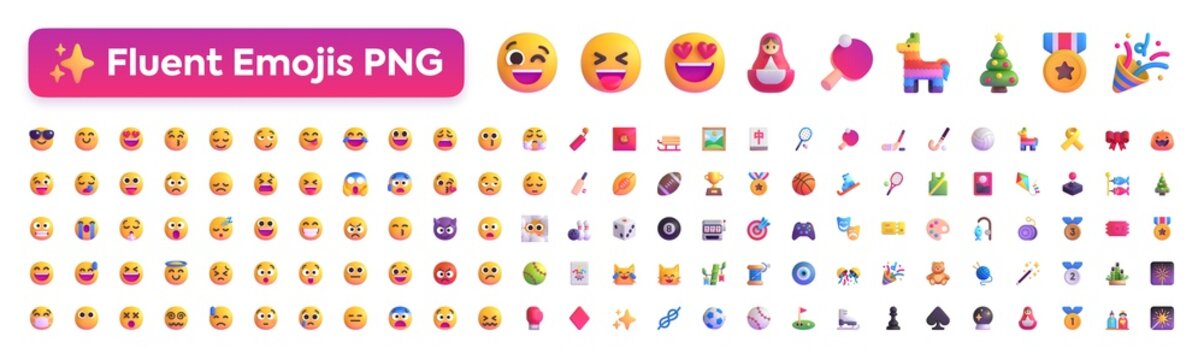 Microsoft Emojis 3D icon set. Social emoji collection. Isolated Emoticon face reaction symbol, on transparent background. Editorial PNG image pack.