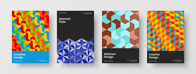 Bright catalog cover A4 design vector layout set. Minimalistic geometric shapes handbill illustration bundle.