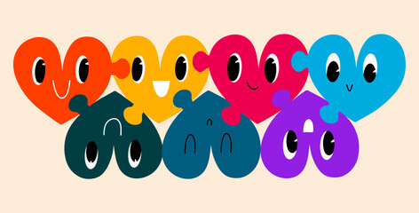 Different colored stylish puzzle of hearts with a comical expression. The concept of teamwork for good, volunteering, love. Vector hand drawn illustration