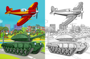 cartoon scene with military army different duty vehicles on the road with sketch  illustration for children