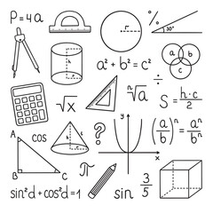 Mathematics doodle set. Education and study concept. School equipment, maths formulas in sketch style. Hand drawn ector illustration isolated on white background