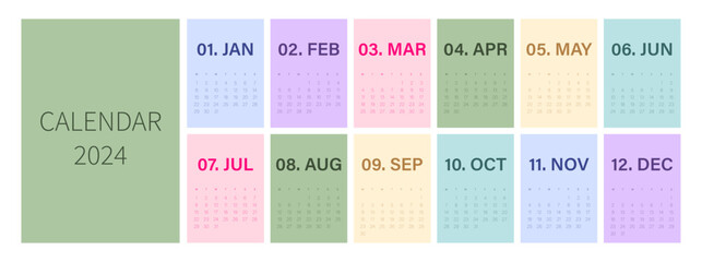 Calendar template for 2024. Simple design with pastel colors. Editable illustration page template A4, A3, set of 12 months with cover. Vector mesh. Week starts on Monday.