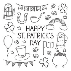 St. Patrick's day doodle set. Cooking elements. Beer mugs, clover, pot of gold, hat in sketch style.  Hand drawn vector illustration isolated on white background.