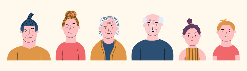 Portrait of people of different ages with an expression of skepticism, puzzlement, surprise, distrust. Vector hand drawn illustration