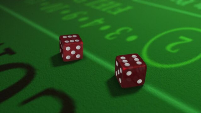 Pair of dice thrown onto a craps or crapaud table with glittering poker machines in a casino background - craps throws - translucent red dice throw of a pair of sixes