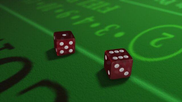 Pair of dice thrown onto a craps or crapaud table with glittering poker machines in a casino background - craps throws - translucent red dice throw of six and one - seven