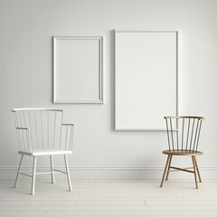 Blank picture frames mockup on white wall.