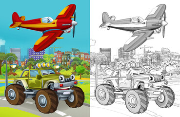 cartoon scene with military army different duty vehicles on the road with sketch  illustration for children