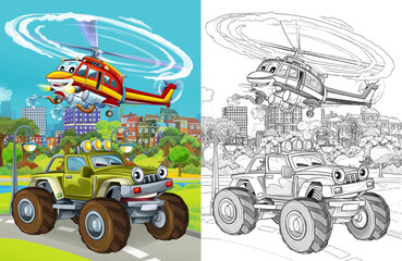 cartoon scene with military army different duty vehicles on the road with sketch  illustration for children