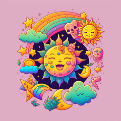 The bright sun and sparkling moon compete for attention in the fantasy sky. The colorful rainbow is seen as a bridge between the two, symbolizing harmony and balance. This enchanted world is filled wi
