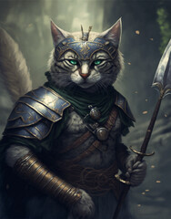 A cat dressed in medieval armor is ready for battle, his expression determined and gaze steady. He is small but brave, ready to face any challenge with his armor.