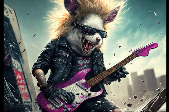 Crazy punk rocker easter bunny with giatar and snowbo, created with Generative AI technology