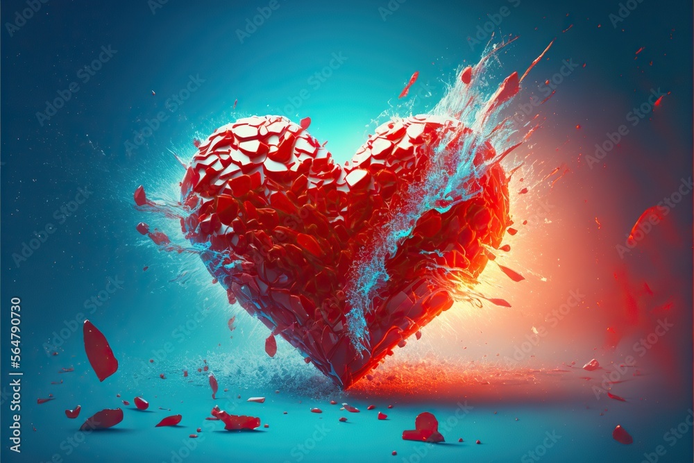Wall mural exploding heart made of ice red background, created with generative ai technology