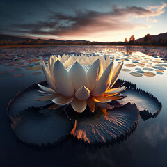 An incredible view of a huge water lily floating in the middle of a crystalline lagoon, with the blue sky in the background. The water lily is a large, exotic flower with white or pink petals. It floa