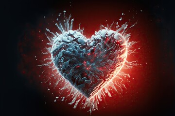 Exploding heart made of ice red background, created with Generative AI technology