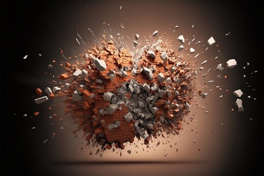 Exploding brick wall, created with Generative AI technology
